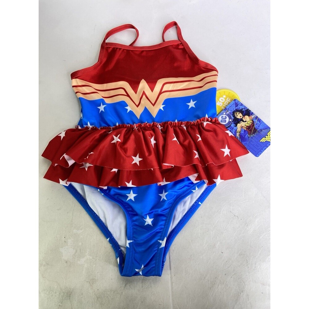 DC Comics Wonder Woman One Piece Ruffle Trim Swimsuit Swimwear Girls Size 4